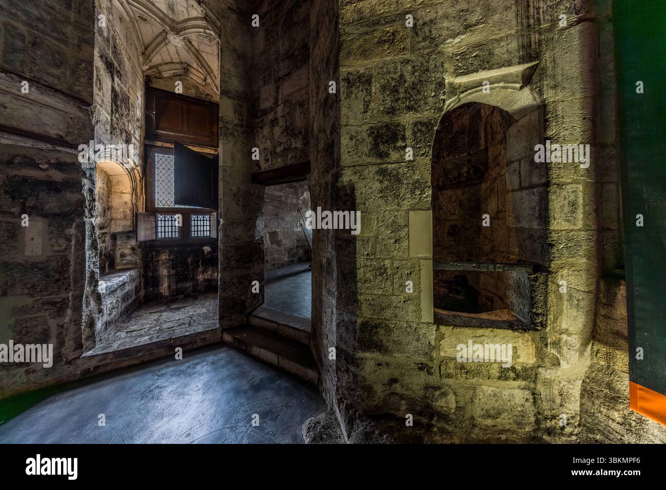 Des pièces en pierre aux murs sombrement décolorés s'ouvrent à l'intérieur du Château de Cognac (Château de Cognac), Rue du Château, Cognac, Nouvelle-Aquitaine, France. Au fond à gauche, une voûte en croisée d'ogives surplombe une fenêtre aux volets en bois et petits vitraux, et à droite se trouve une niche voûtée dans le mur. Un passage avec des marches mène à une pièce voisine. Les pierres sont noires car un champignon y trouve des conditions de vie particulièrement favorables dans l'air alcoolisé. Les murs sont noirs car le champignon dit de Cognac (Baudoinia compniacensis) les colonise. Il pousse partout où l'alcool s'évapore Banque D'Images
