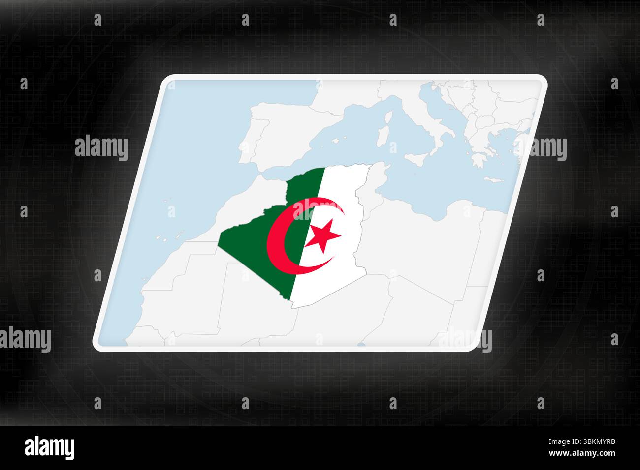 Algérie mise en évidence en couleurs de drapeau sur la carte géographique. Carte moderne sur un fond abstrait sombre. Illustration de Vecteur