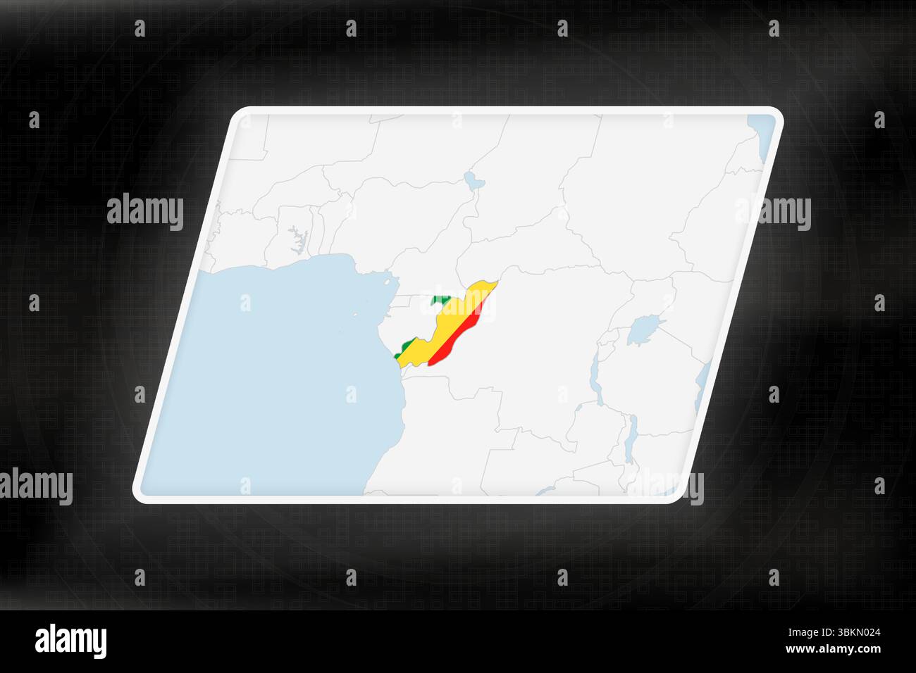 Congo mis en évidence dans les couleurs du drapeau sur la carte géographique. Carte moderne sur un fond abstrait sombre. Illustration de Vecteur Congo mis en évidence dans les couleurs du drapeau sur la carte géographique. Carte moderne sur un fond abstrait sombre. Illustration de Vecteur