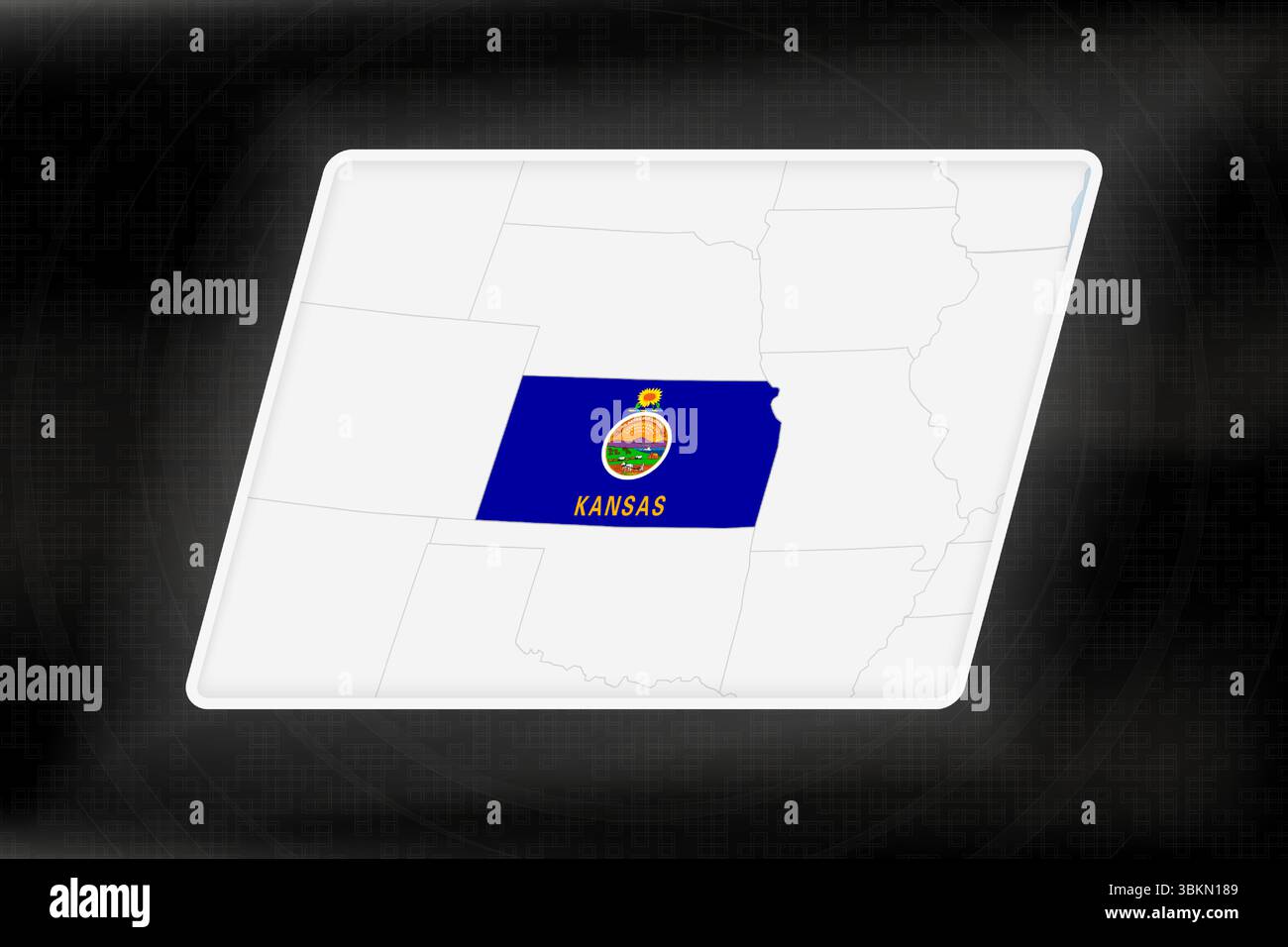 Kansas mis en évidence dans les couleurs du drapeau sur la carte géographique. Carte moderne sur un fond abstrait sombre. Illustration de Vecteur