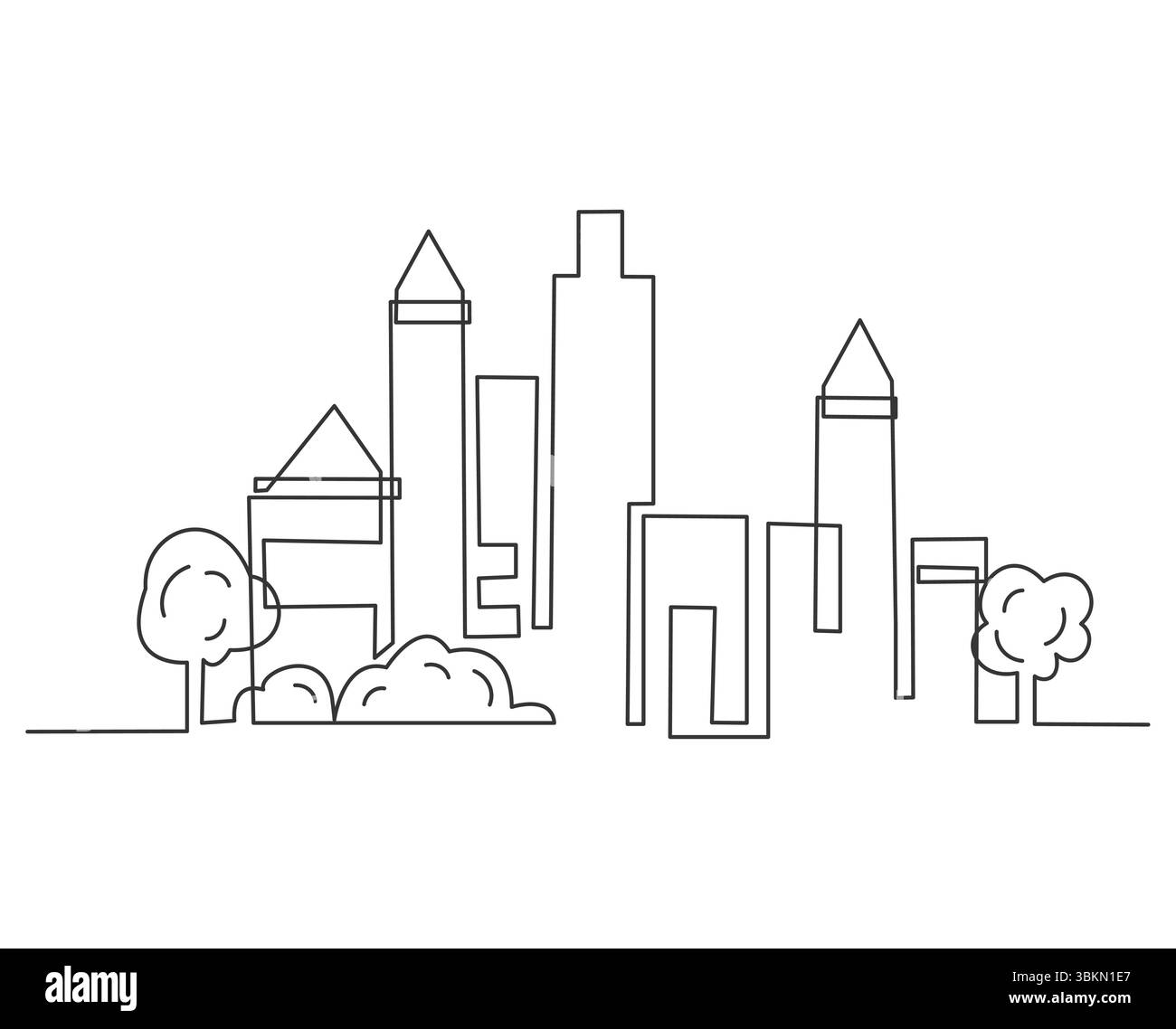 Dessin au trait continu du paysage urbain moderne. Metropolis architecture paysage panoramique, immeubles d'appartements isolés illustrations minimalistes. Illustration de Vecteur