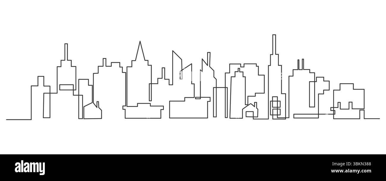Dessin au trait continu minimal d'une ville moderne avec divers gratte-ciel. Parfait pour les projets de design urbain, image de marque immobilière, logos, Illustration de Vecteur