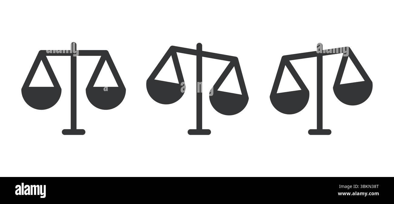 Icônes d'échelle de balance des noirs minimes dans un style silhouette. Idéal pour le juridique, la justice, l'image de marque des cabinets d'avocats, les concepts éthiques, les présentations commerciales, ou educ Illustration de Vecteur
