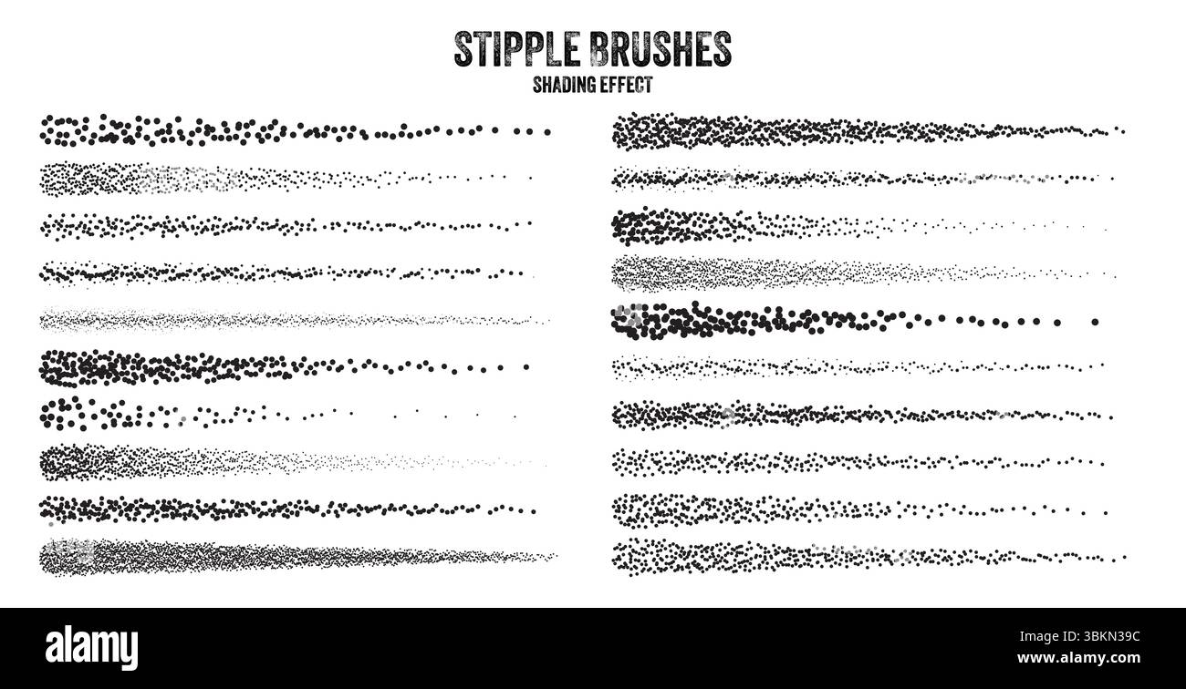 Pinceau diffuseur d'encre, dessin à pointillés et texturation. Dégradé de fondu. Pointillés, dessin dotwork, ombrage à l'aide de points. Effet de désintégration des demi-tons Illustration de Vecteur