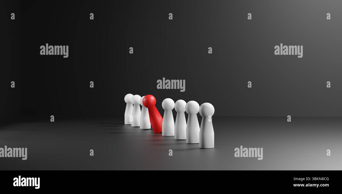 Concept 3D de leadership et de gestion des talents avec une figure en bois rouge qui se démarque de la foule. Idéal pour illustrer les RH, les performances du travail d'équipe, Banque D'Images