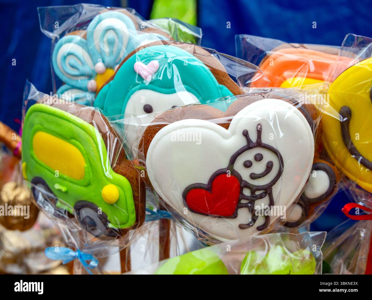 Biscuits en pain d'épices glacés sur un bâton avec divers motifs Banque D'Images