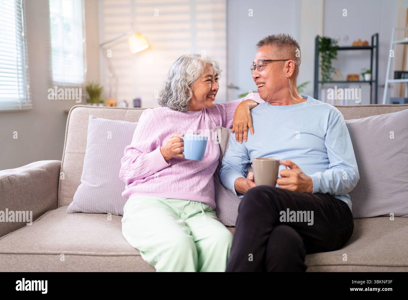 Un couple asiatique âgé chaleureux s'assoit confortablement sur leur canapé, tenant des tasses à café, montrant de l'affection et savourant leurs années d'or dans leur co Banque D'Images