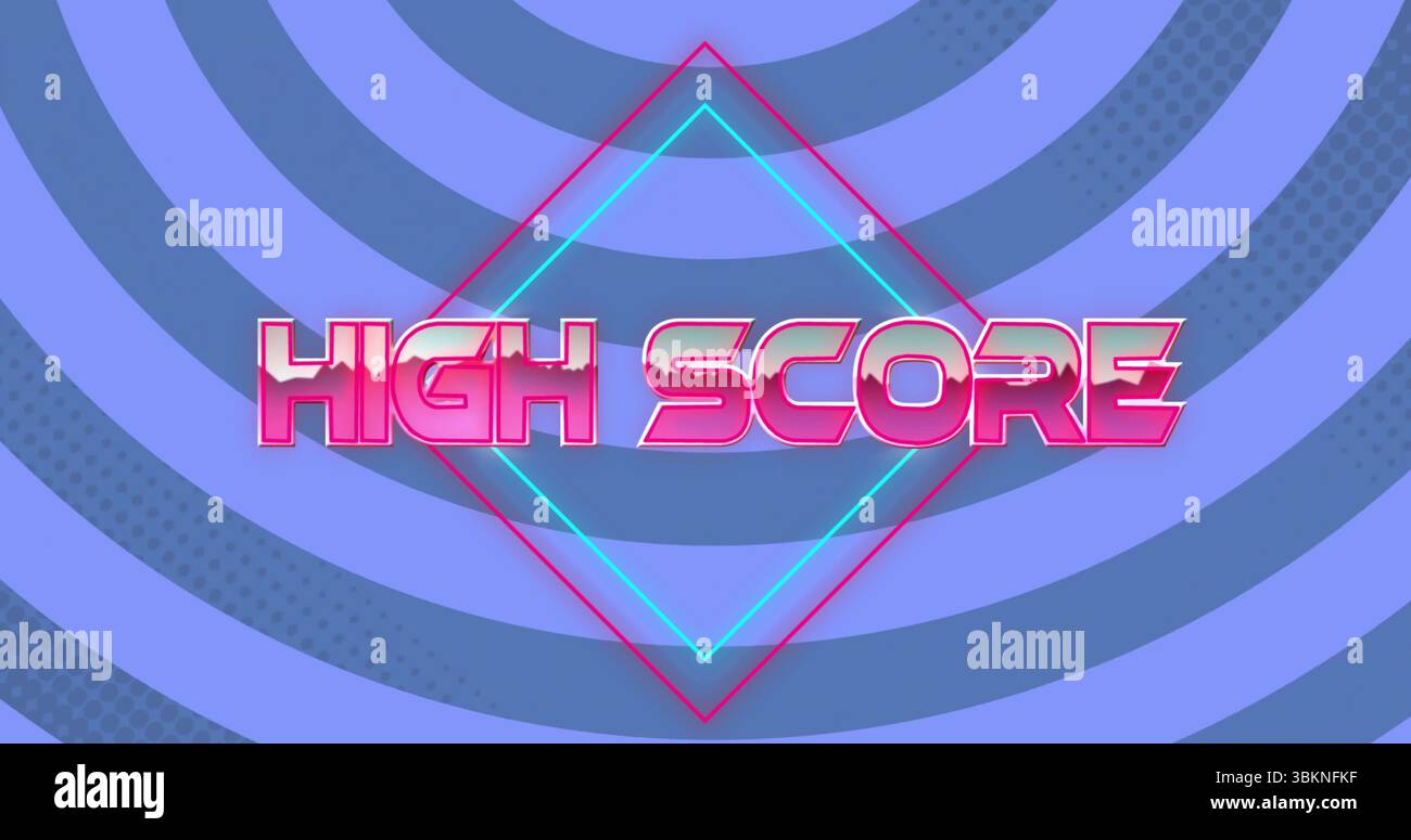 Arcade rose fluo, HAUT SCORE brillant sur écran arcade, avec contours rose vif et cyan en losanges Banque D'Images
