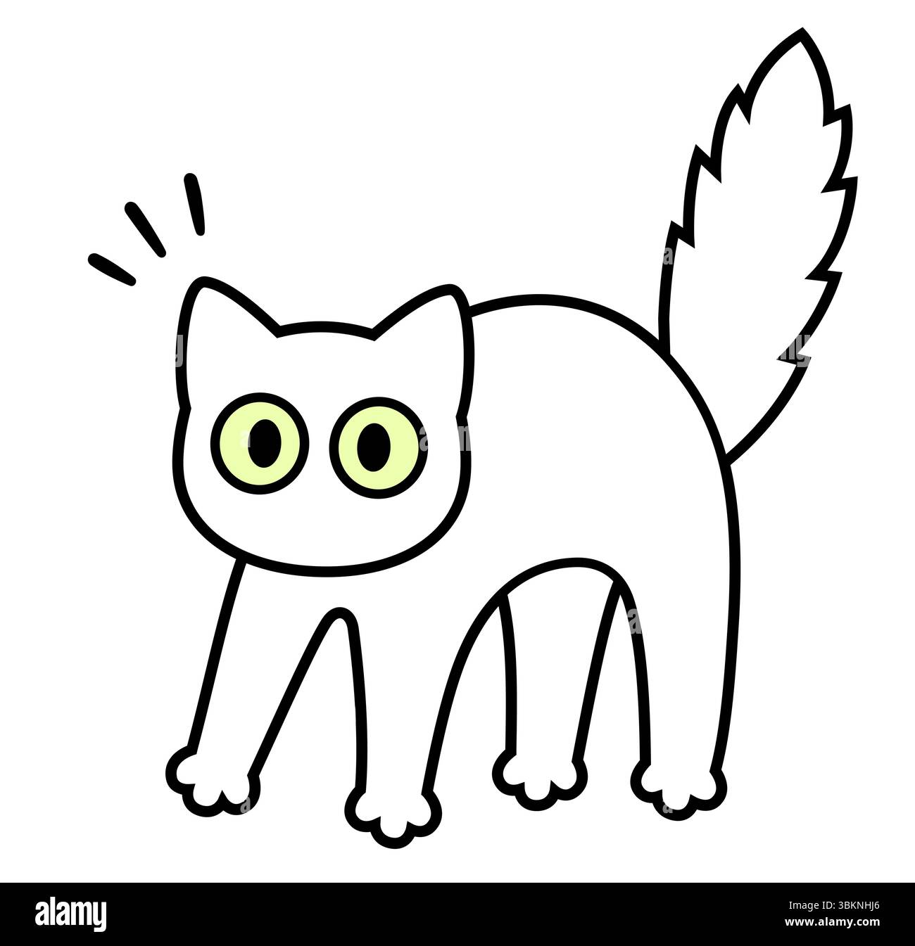 Dessin de chat blanc de dessin animé mignon. Chaton effrayé avec dos arqué, queue moelleuse et grands yeux. Illustration clipart vectorielle simple. Illustration de Vecteur