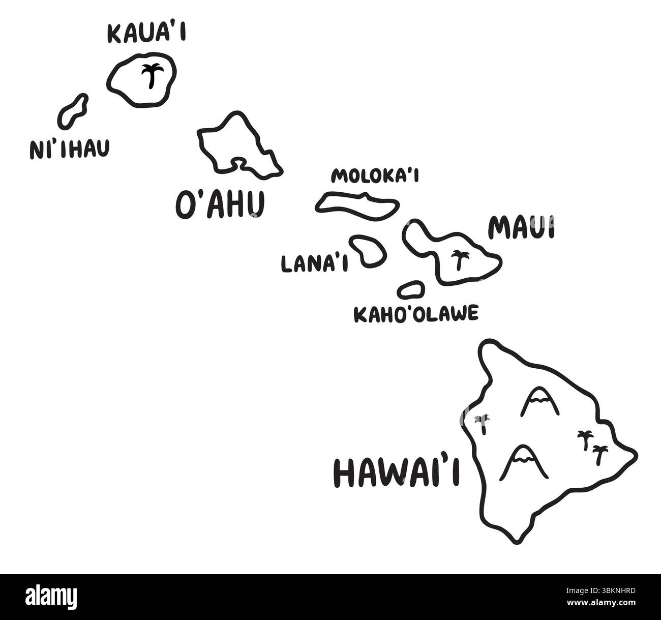 Hawaï carte mignon dessin animé doodle. Illustration vectorielle dessinée à la main des îles hawaïennes dans un style simple, ligne noire et blanche Illustration de Vecteur