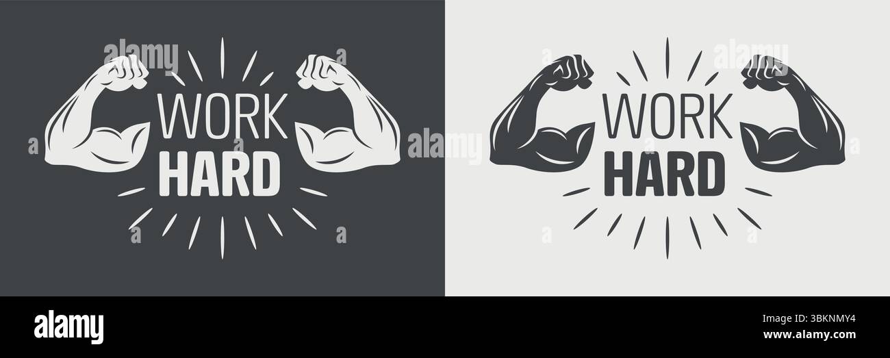 Travaille dur. Logo Vector Fitness avec icône de bras musclé. Emblème de gym avec biceps flexibles, typographie pour marque de bodybuilding, motivation sportive, T-shirt Illustration de Vecteur