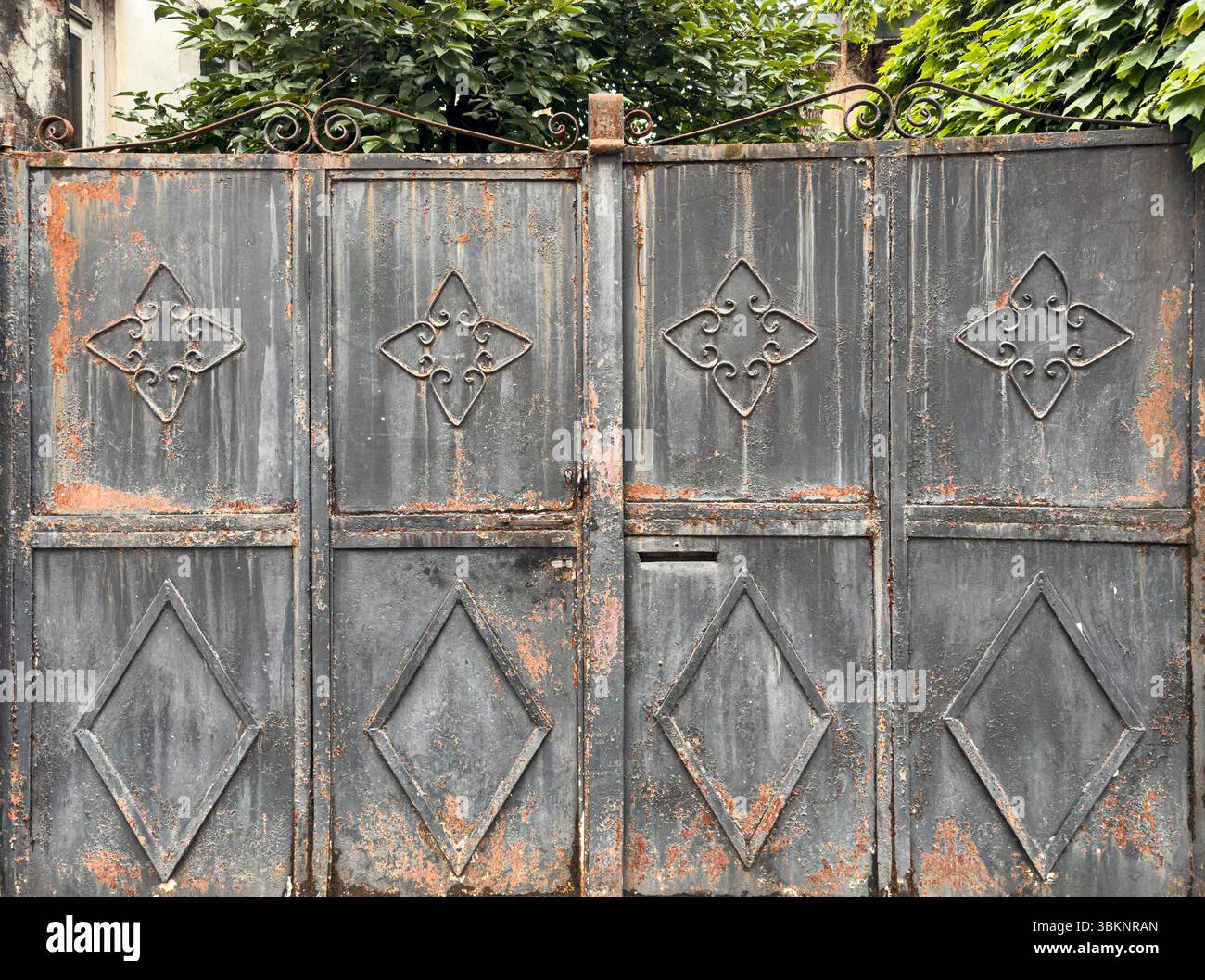 Portail en fer forgé avec des motifs géométriques et floraux, surface métallique vieillie avec rouille et texture. Utile comme arrière-plan, texture ou élément de design Banque D'Images