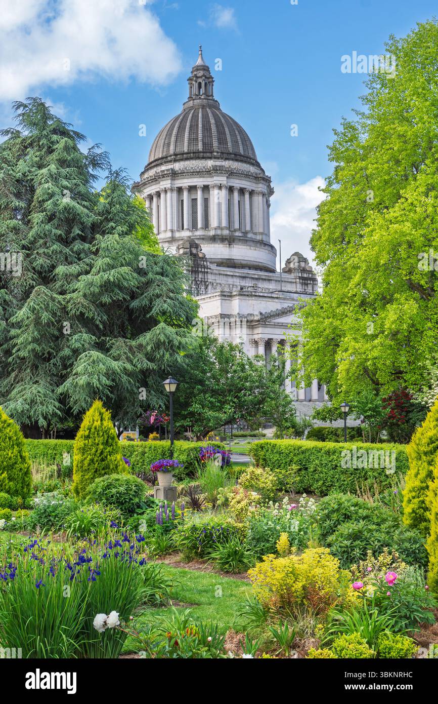 Le Sunken Garden et le Capitol Dome sur le terrain du Capitole de l'État de Washington. Banque D'Images