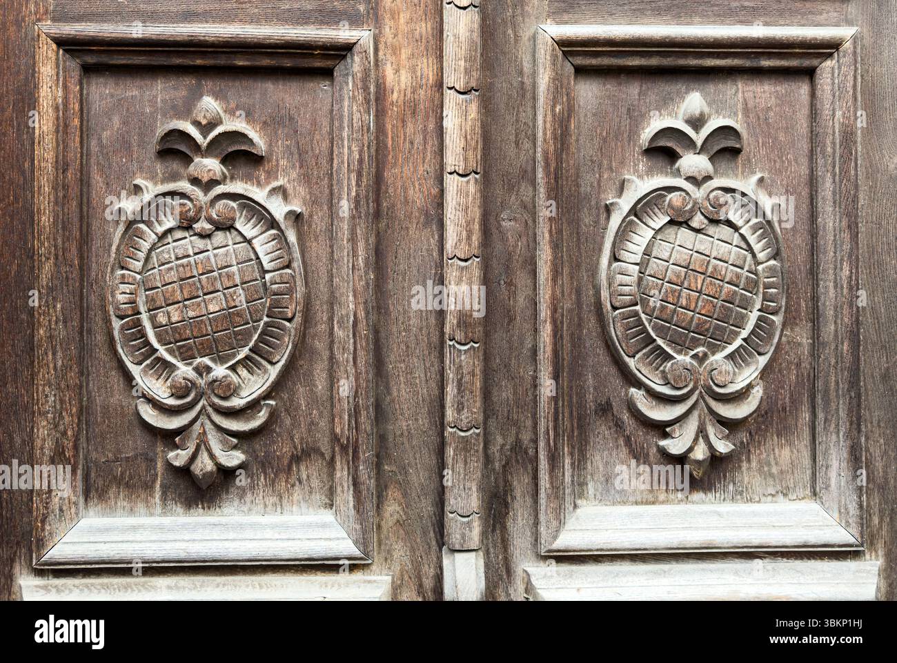 Gros plan de panneaux de porte en bois vintage symétriques avec des détails sculptés ornementés. Utile comme texture, référence de conception ou élément d'architecture historique Banque D'Images Gros plan de panneaux de porte en bois vintage symétriques avec des détails sculptés ornementés. Utile comme texture, référence de conception ou élément d'architecture historique Banque D'Images