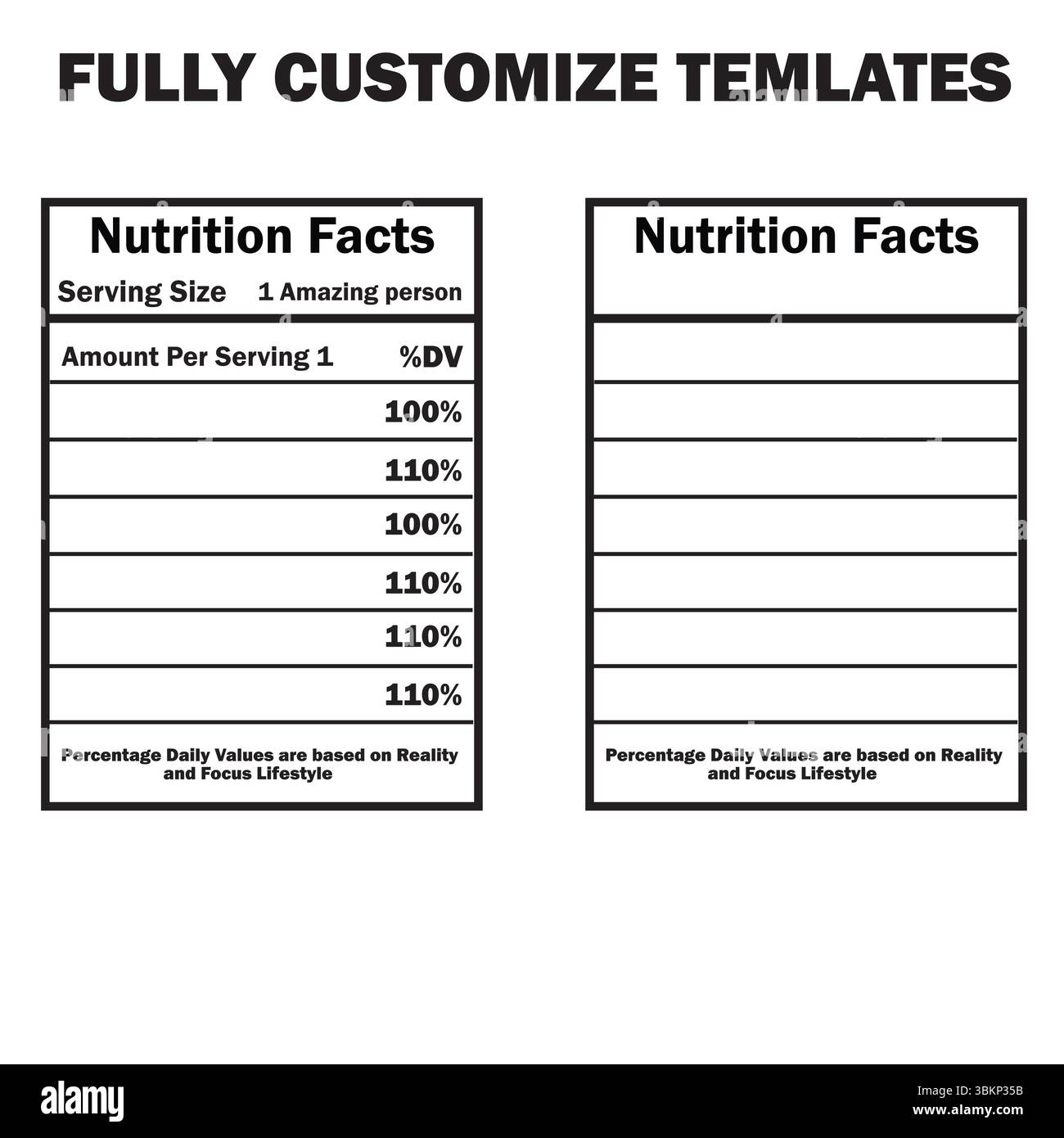 Modèle d'étiquette de faits nutritionnels personnalisable avec réalité et Focus Lifestyle Illustration de Vecteur