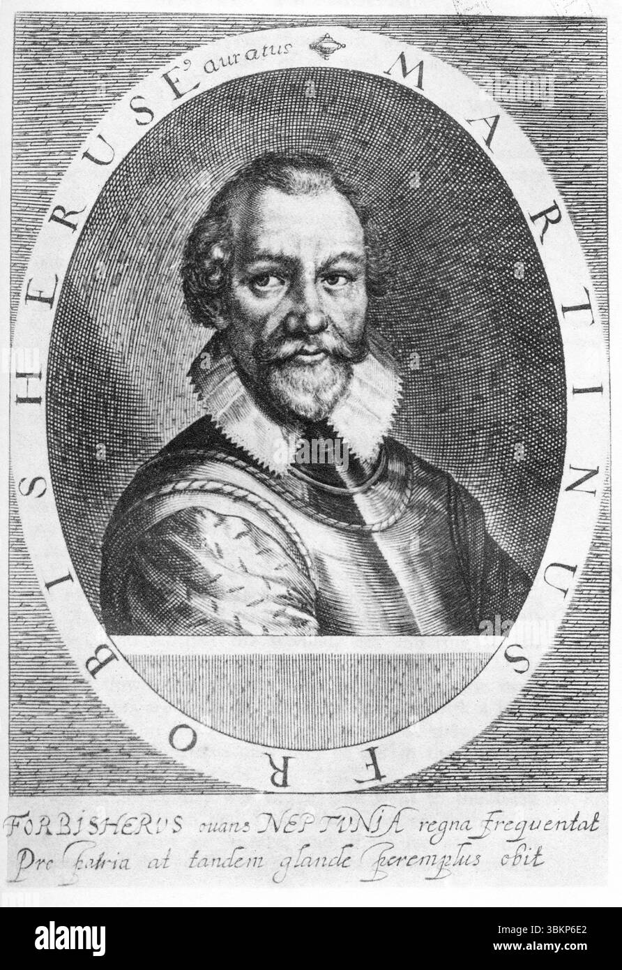 Sir Martin Frobisher (c. 1535/1539 – 1594) marin et corsaire anglais qui a fait trois voyages dans le Nouveau monde à la recherche du passage du Nord-Ouest. Il a probablement aperçu l'île Resolution près du Labrador, dans le nord-est du Canada, avant d'entrer dans la baie Frobisher et d'atterrir sur l'actuelle île de Baffin. Image tirée des livres de Richard Hakluyt sur les principaux voyages traffiques et découvertes de la Nation anglaise, 1604 Banque D'Images
