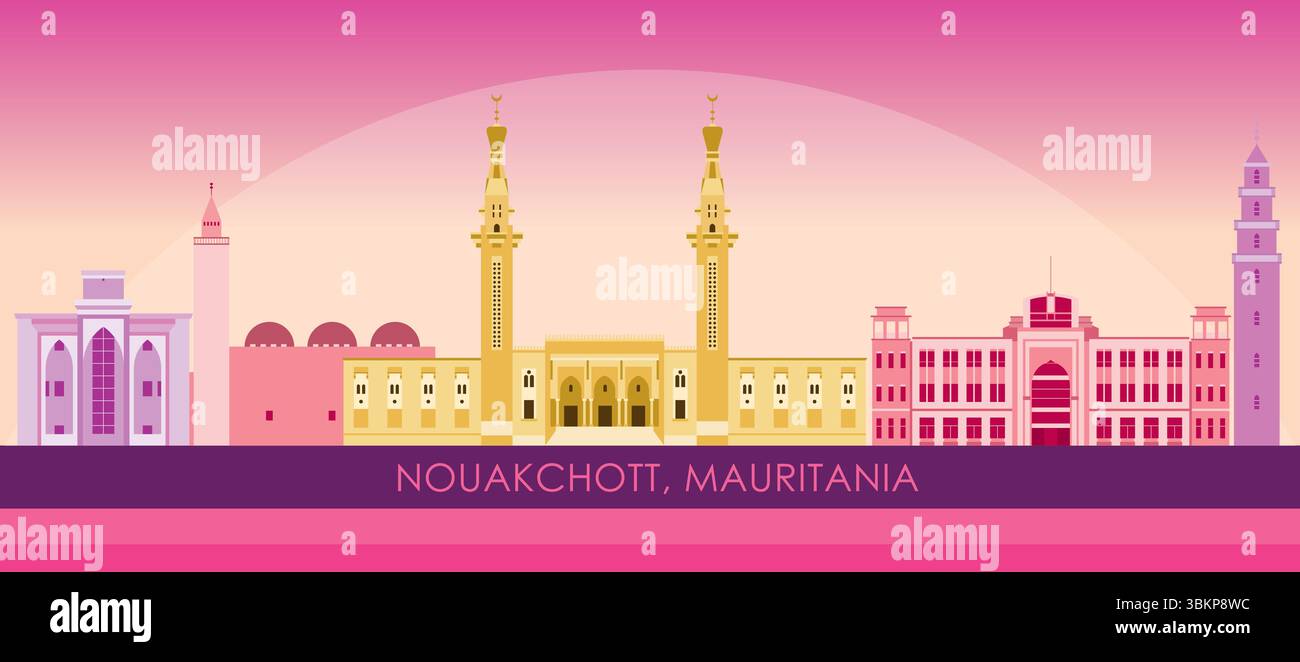 Sunset Skyline panorama de la ville de Nouakchott, Mauritanie - illustration vectorielle Illustration de Vecteur