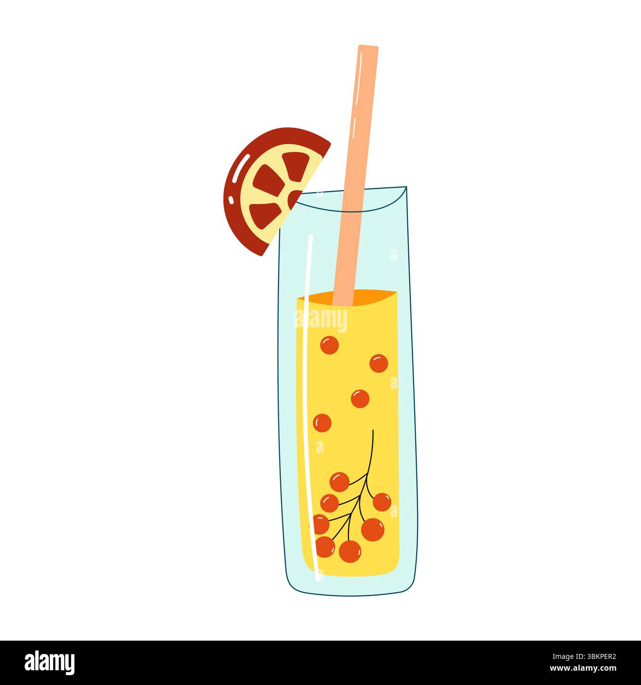Verre de limonade avec de petites baies rouges et une tranche de pamplemousse. Illustration de Vecteur