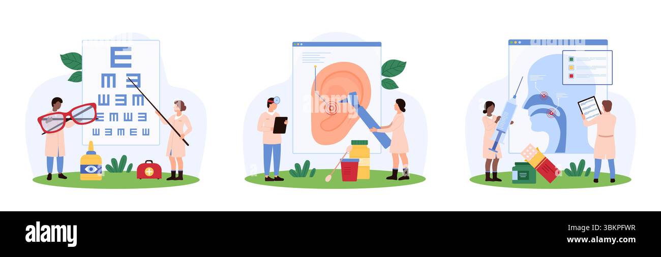 Examen des oreilles, du nez et de la gorge, ensemble oto-rhino-laryngologie, ophtalmologie. Les personnes minuscules vérifient les maladies des voies respiratoires supérieures, les yeux de test et l'audition avec l'otoscope et l'illustration vectorielle de dessin animé graphique Illustration de Vecteur