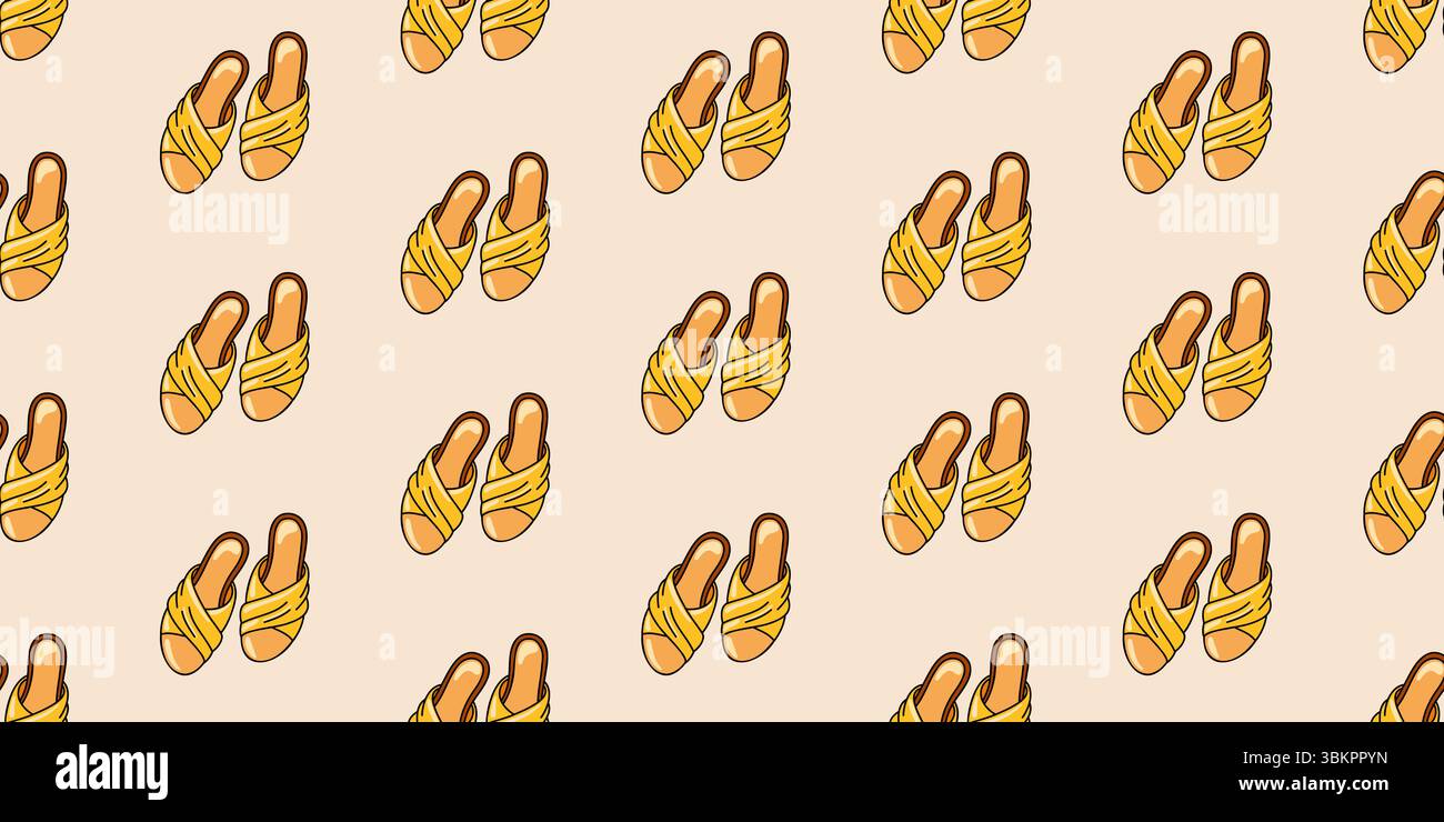 Motif sans couture avec sandales plates jaunes confortables avec bretelles en tissu croisé. Fond de vecteur de dessin animé de chaussures d'été Illustration de Vecteur