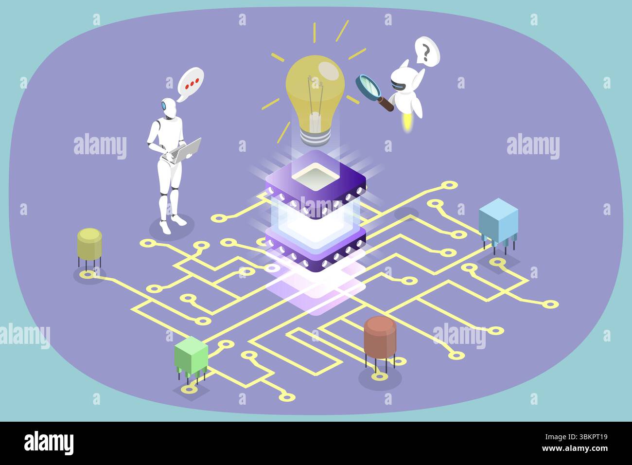 Illustration plate isométrique 3D de l'innovation technologique et de l'invention, de l'intelligence artificielle et de l'apprentissage automatique Banque D'Images