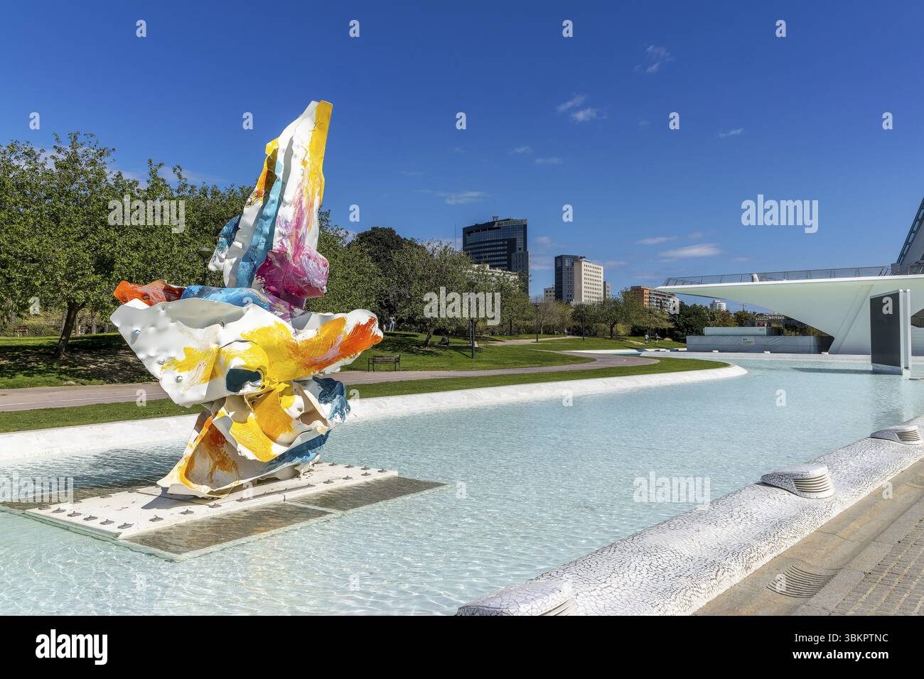 Sculpture grise moderne sur l'eau, avec un ciel bleu en arrière-plan dans le complexe scientifique ultra-moderne dans un parc paysager Ciudad de las Artes y de las C Banque D'Images Sculpture grise moderne sur l'eau, avec un ciel bleu en arrière-plan dans le complexe scientifique ultra-moderne dans un parc paysager Ciudad de las Artes y de las C Banque D'Images