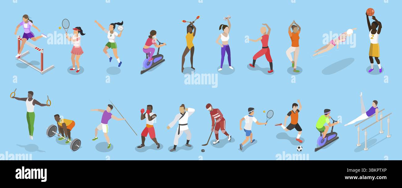 Illustration plate isométrique 3D des personnes sportives, Sports athlétiques avec des balles et des raquettes - Une combinaison dynamique Banque D'Images