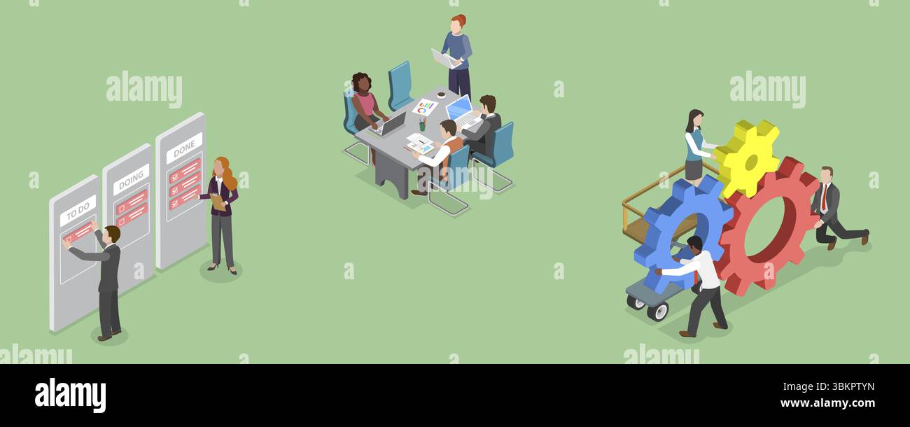 Illustration plate isométrique 3D de gestion de projet, externalisation Banque D'Images