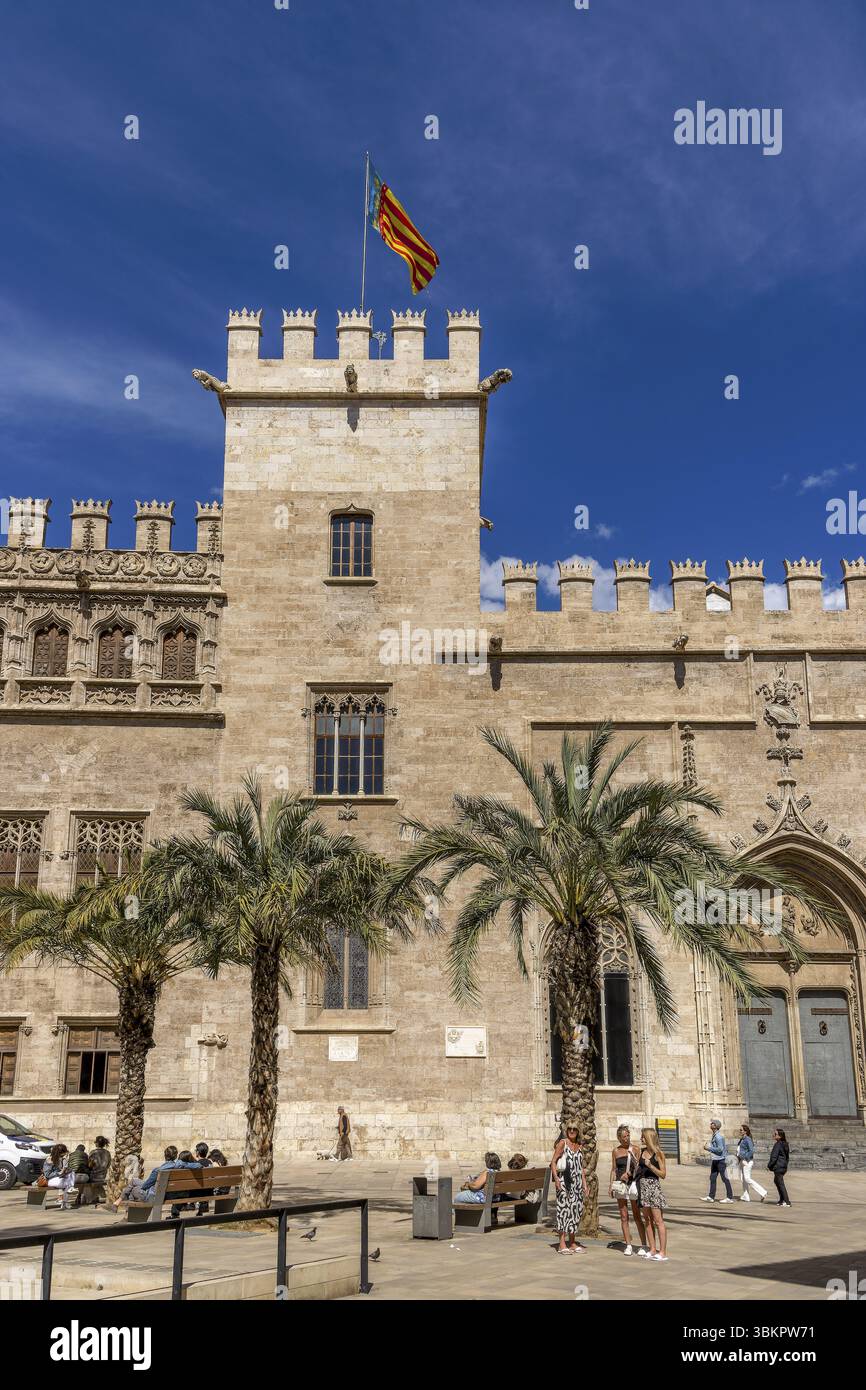 Tour avec le drapeau de Valence sur le bâtiment en briques richement décoré de l'école Algemesi en PL. Del Mercat avec le ciel bleu en arrière-plan en th Banque D'Images Tour avec le drapeau de Valence sur le bâtiment en briques richement décoré de l'école Algemesi en PL. Del Mercat avec le ciel bleu en arrière-plan en th Banque D'Images