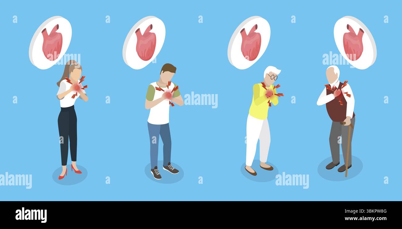 Illustration plate isométrique 3D d'une crise cardiaque, d'une insuffisance cardiaque Banque D'Images