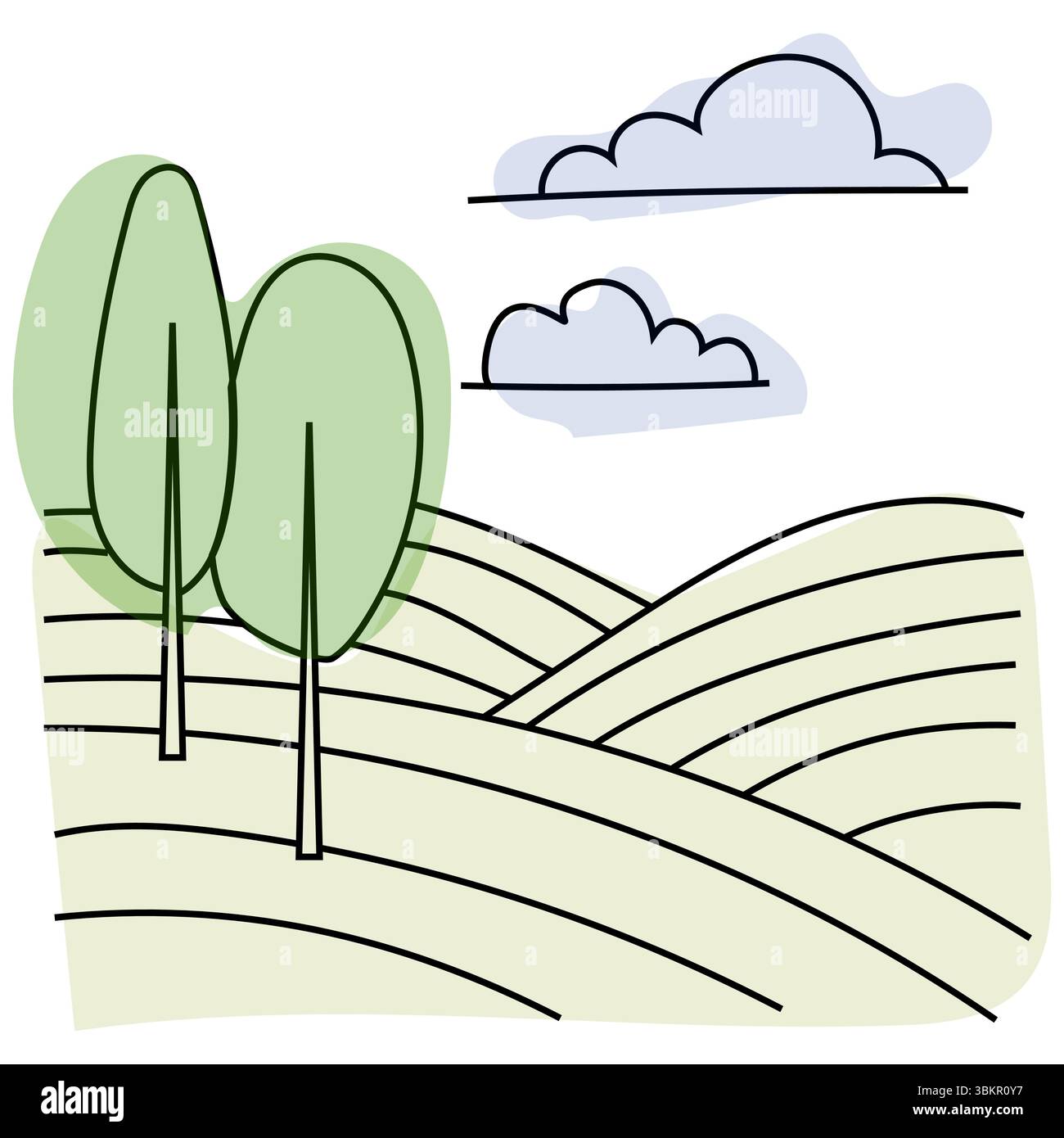 Collines verdoyantes. Scène de nature extérieure. Vecteur de champ rural. Vue sur les arbres de la campagne. Illustration de Vecteur