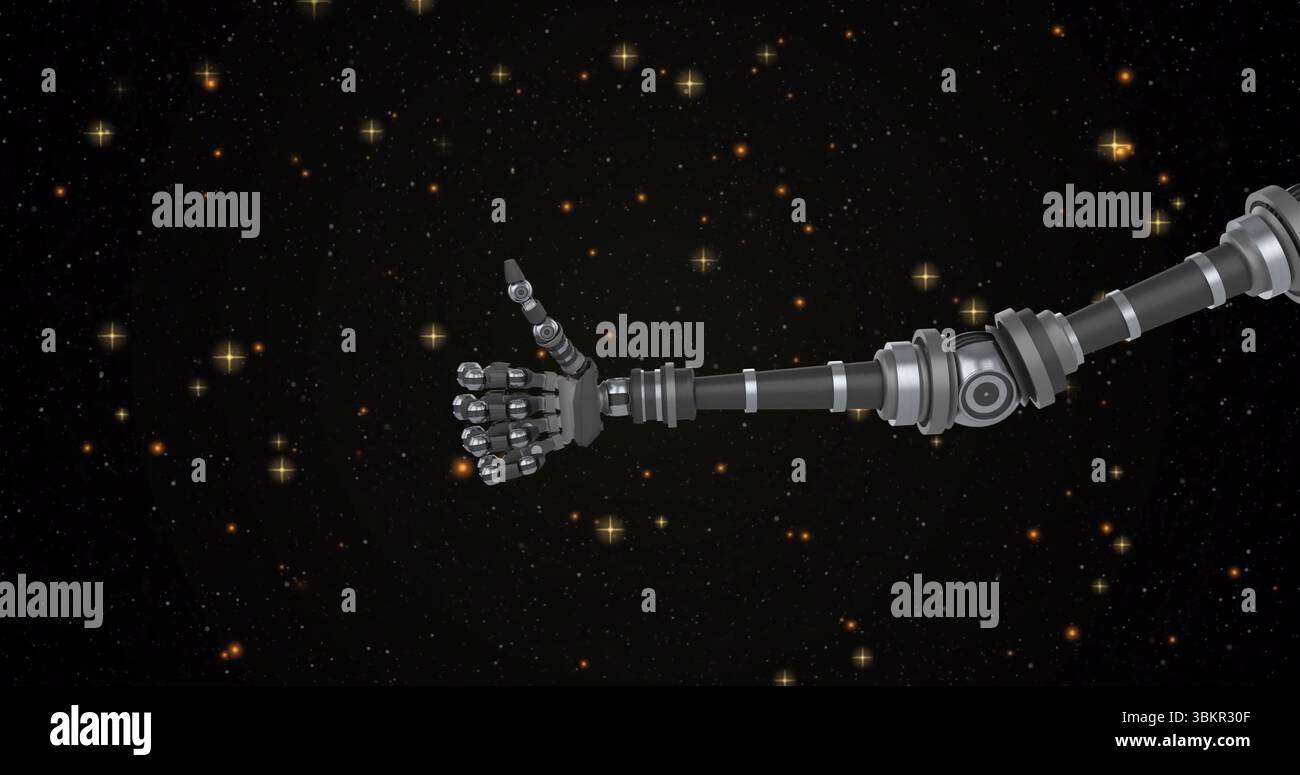 Bras robotique articulé flottant s'étendant vers le centre du champ stellaire, avec un geste du pouce vers le haut Banque D'Images