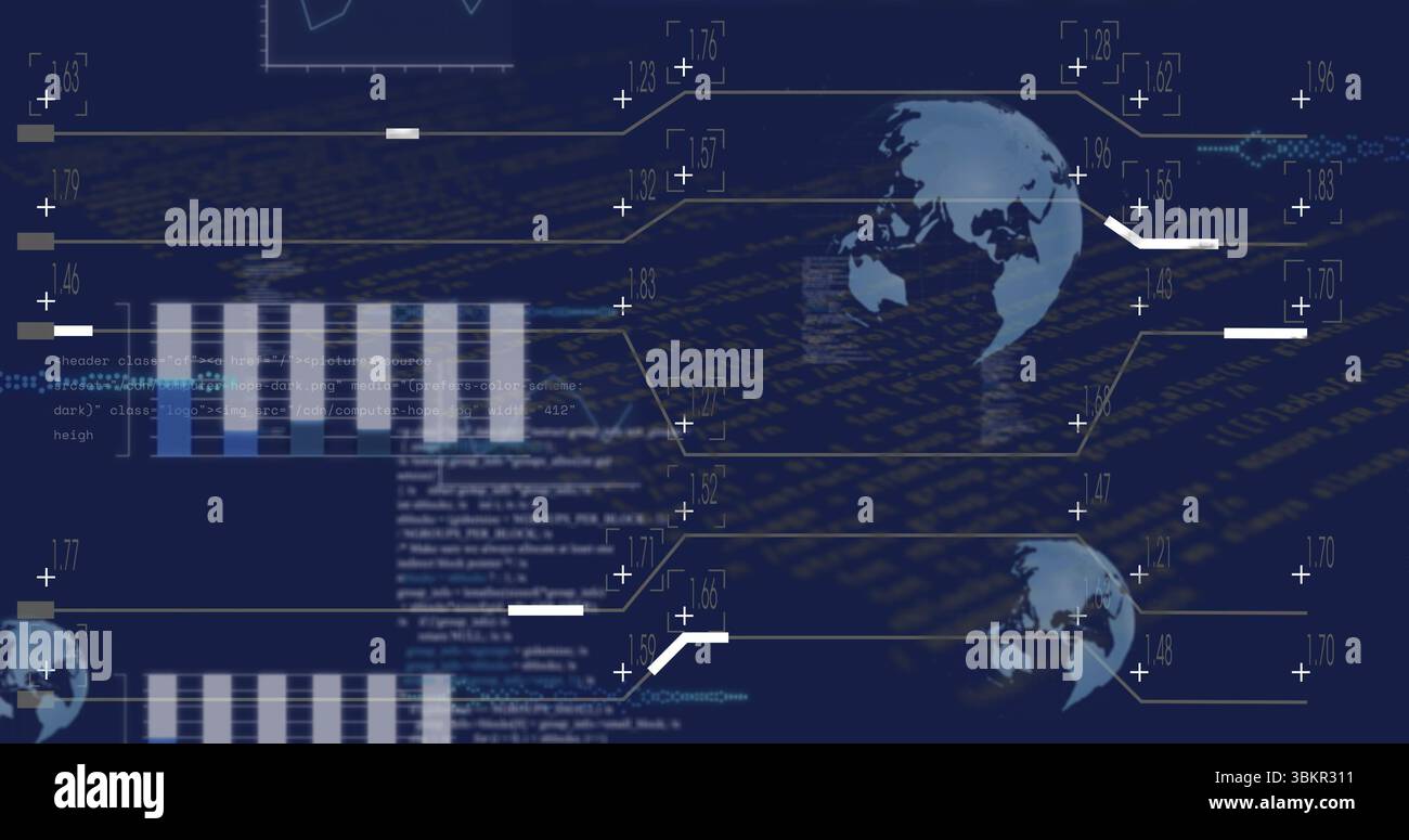 Interface d'affichage montrant des fragments de code, des graphiques à barres et des icônes de globe à l'écran, surveillance des données Banque D'Images