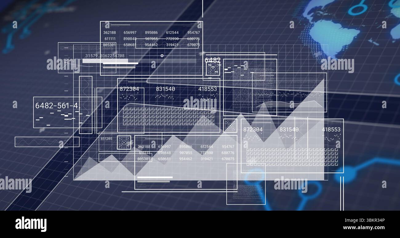 Panneaux d'interface utilisateur translucides flottants affichant des tableaux et des graphiques linéaires sur une interface grille avec une carte du monde Banque D'Images