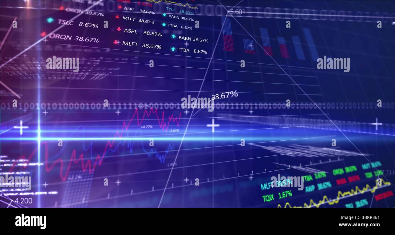 Streaming de données financières sur affichage holographique, avec grille, binaire, pourcentages, tickers et graphiques Banque D'Images