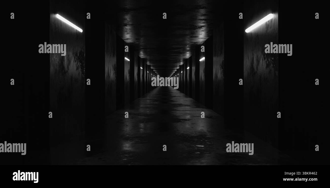 Couloir minimaliste étrange avec lumières fluorescentes Banque D'Images