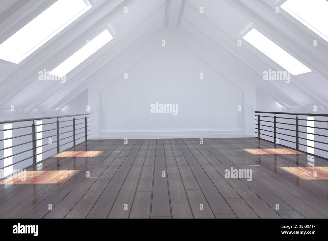 La conception plate montre loft grenier avec plafond incliné, puits de lumière, poutres et planchers en bois Banque D'Images