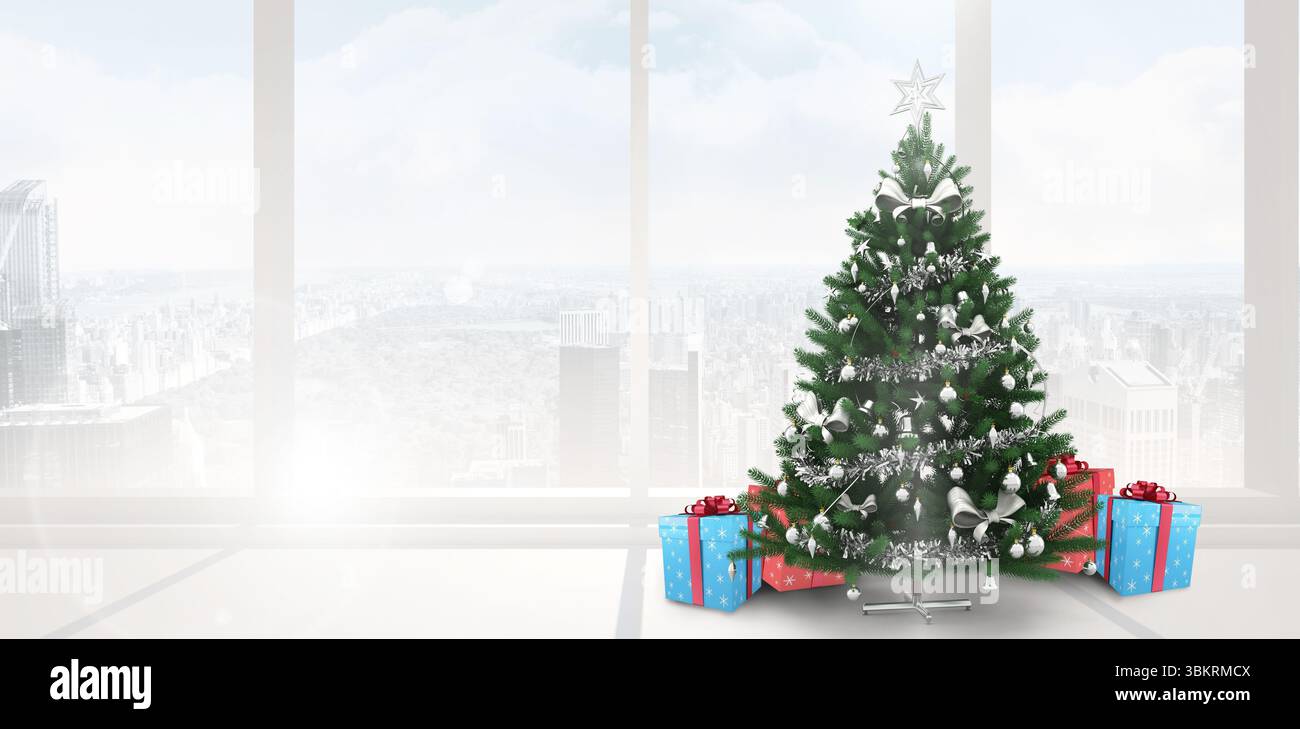 Le sapin de Noël est debout à côté de fenêtres de grande hauteur avec des guirlandes argentées, un topper étoilé et des cadeaux Banque D'Images Le sapin de Noël est debout à côté de fenêtres de grande hauteur avec des guirlandes argentées, un topper étoilé et des cadeaux Banque D'Images