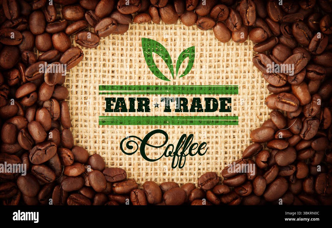 Design plat montrant l'anneau de grain de café sur toile de jute avec logo de feuille verte et café équitable Banque D'Images