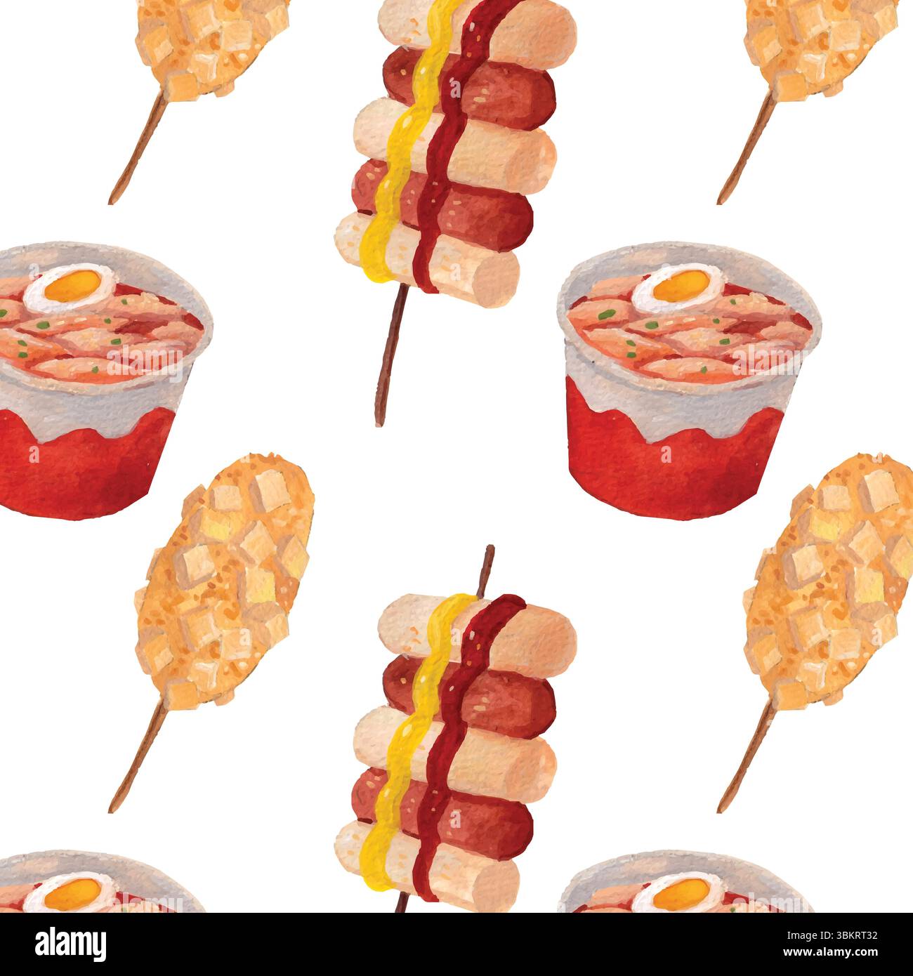 Motif aquarelle cuisine coréenne. Tteokbokki (gâteaux de riz épicés), chien de maïs coréen, Sotteok Sotteok (brochette de saucisse et gâteau de riz) éléments de peinture. Illustration de Vecteur