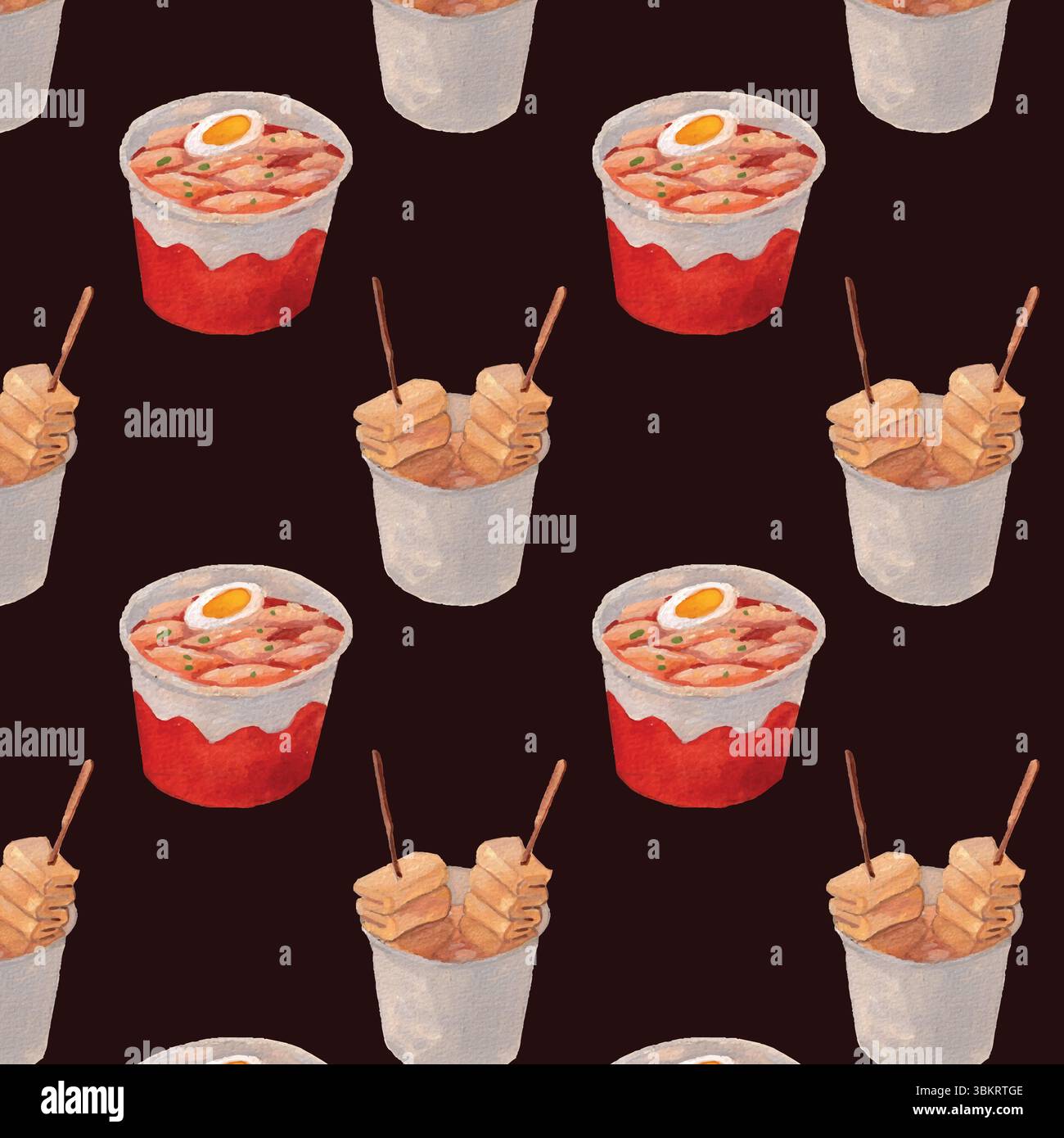 Motif aquarelle coréen de Street food. Tteokbokki (gâteaux de riz épicés), odeng (gâteaux de poisson) peinture sur un fond sombre. Cuisine asiatique cuisine de rue. Illustration de Vecteur