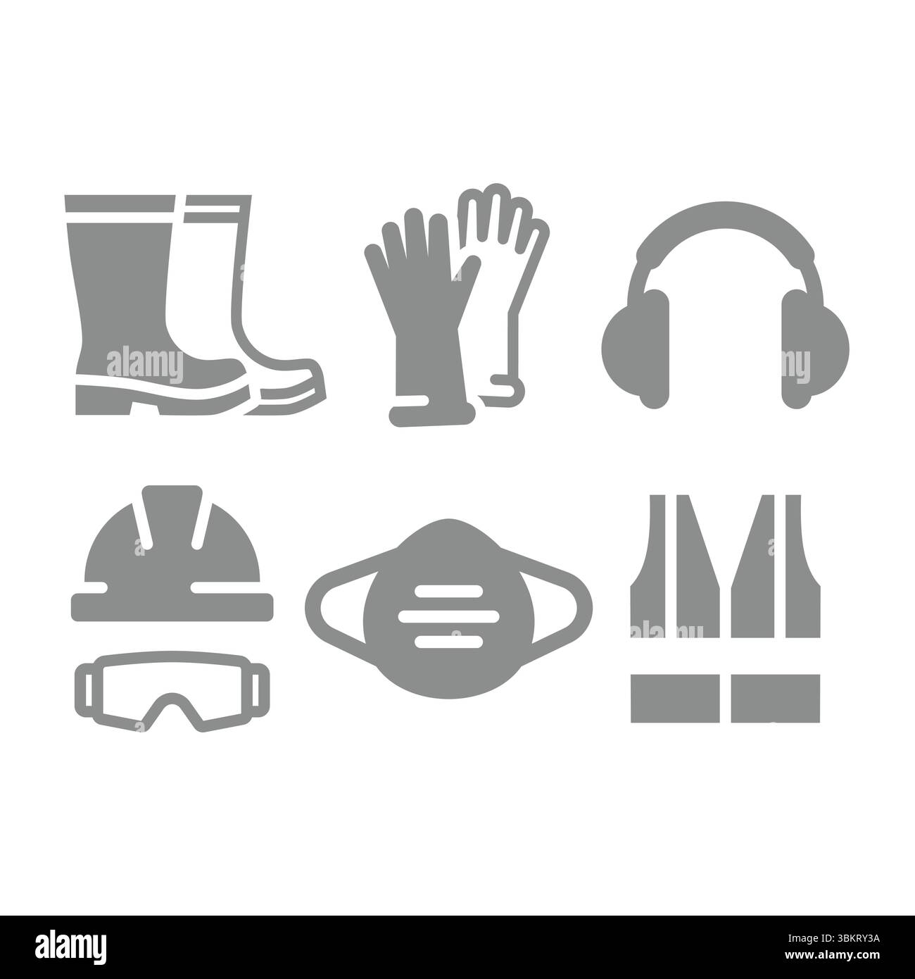Jeu d'icônes EPI ou équipement de protection individuelle. Vêtements de travail ou équipement, gilet, masque et casque de travail avec des icônes de lunettes et de cache-oreilles. Illustration de Vecteur