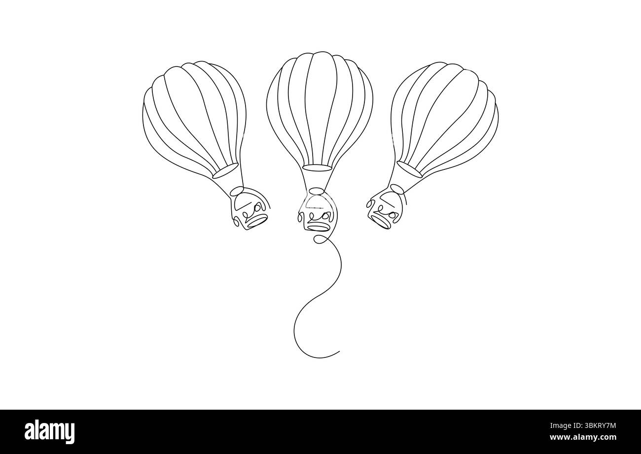 Dessin à une ligne de montgolfières, trois montgolfières en vol Illustration de Vecteur