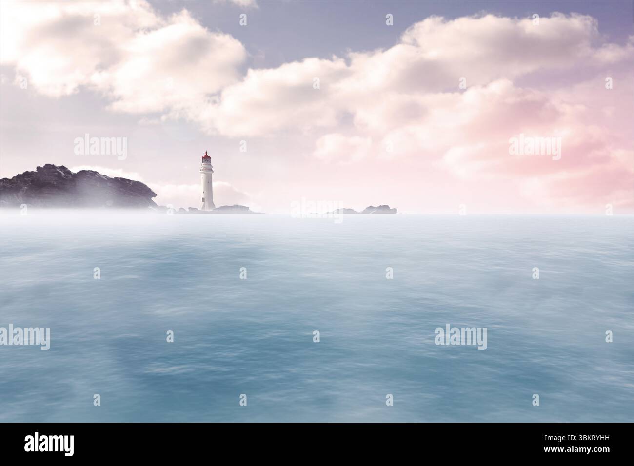 Phare blanc debout au centre gauche dans un design côtier plat, montrant la mer calme et les nuages pastel Banque D'Images