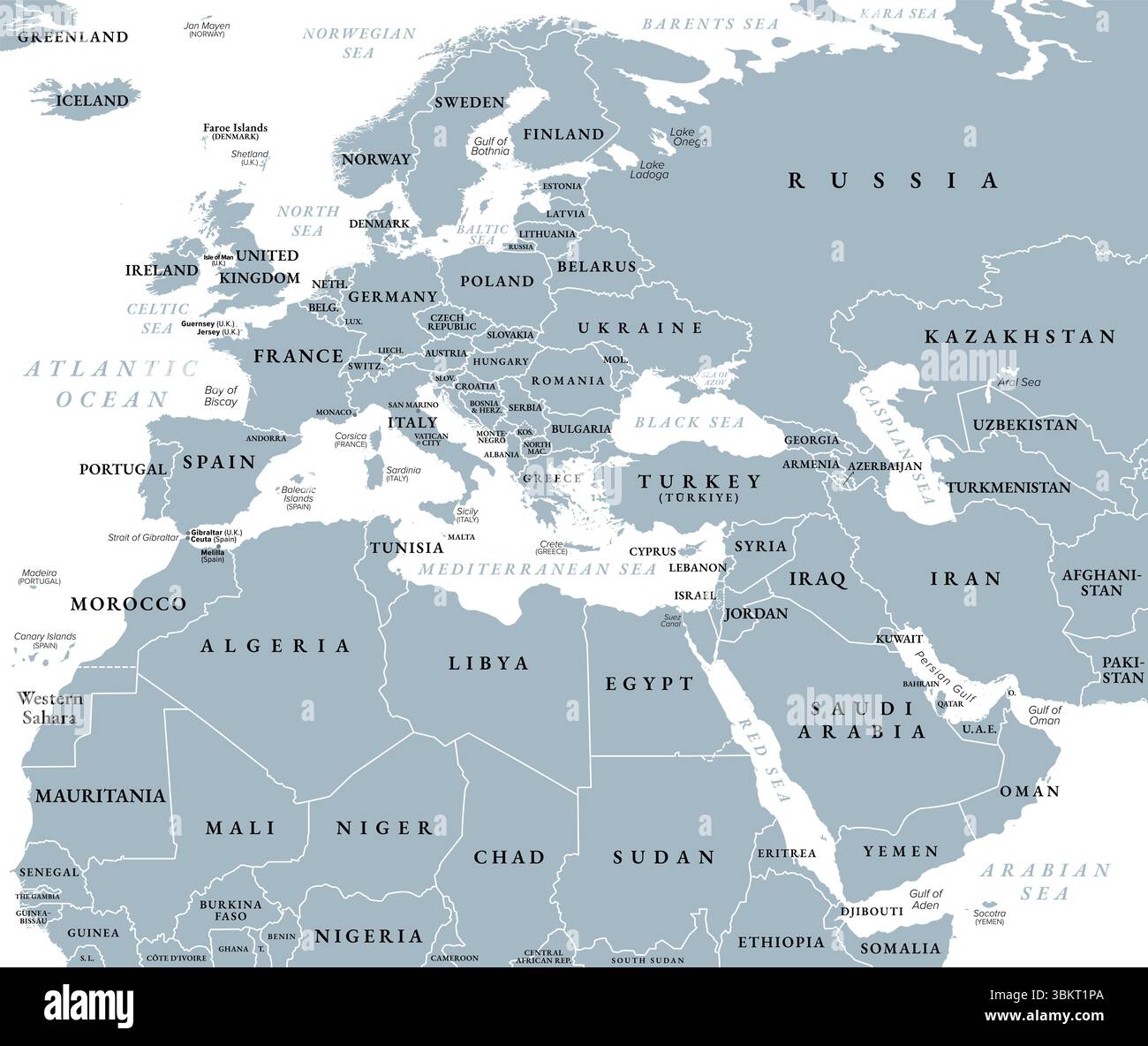Europe, moyen-Orient et Afrique du Nord, carte politique grise avec des frontières internationales. Aperçu du continent Europe, moyen-Orient et Afrique du Nord. Banque D'Images
