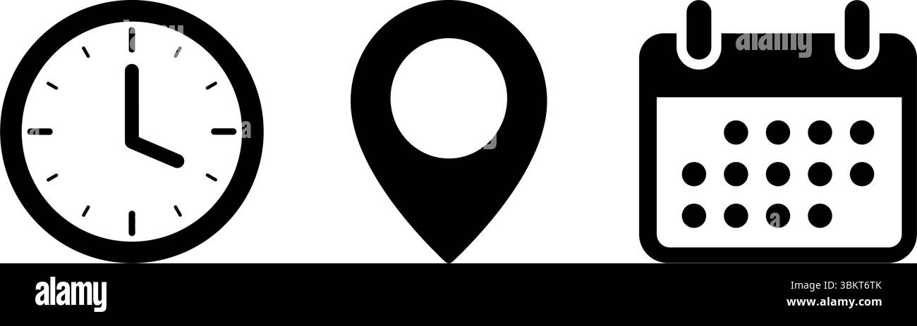 L'heure, la date et l'icône d'adresse sont définies. Calendrier d'événements horloge de rappel d'horaire d'affaires signes, symbole d'épingle d'emplacement, placer pointeur éléments de carte de temps. Illustration de Vecteur