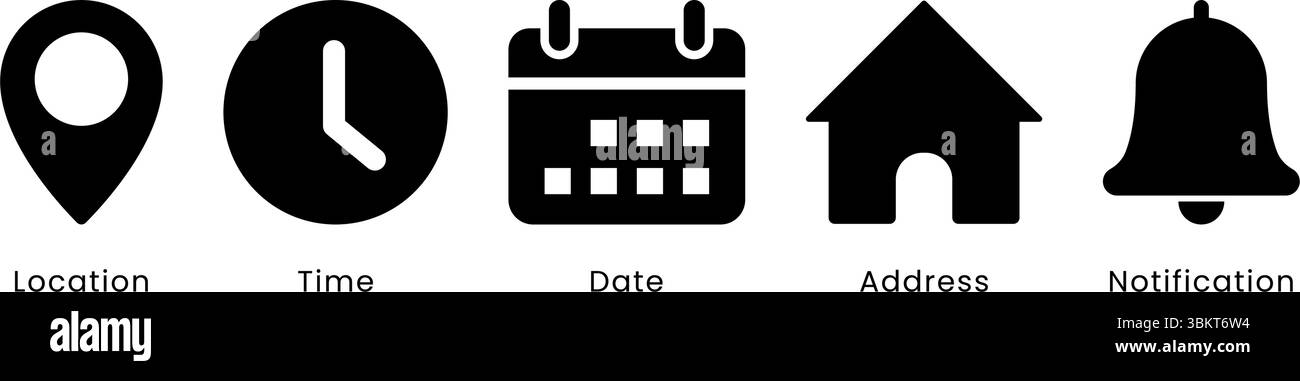 L'heure, la date et l'icône d'adresse sont définies. Calendrier d'événements horloge de rappel d'horaire d'affaires signes, symbole d'épingle d'emplacement, placer pointeur éléments de carte de temps. Illustration de Vecteur