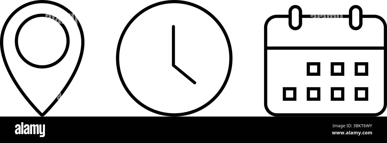 L'heure, la date et l'icône d'adresse sont définies. Calendrier d'événements horloge de rappel d'horaire d'affaires signes, symbole d'épingle d'emplacement, placer pointeur éléments de carte de temps. Illustration de Vecteur