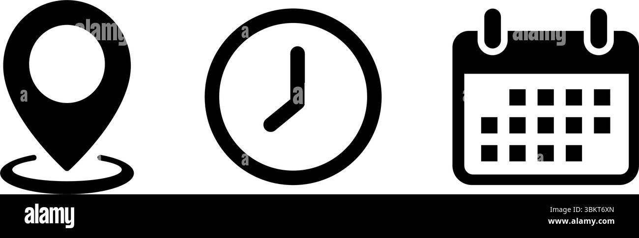 L'heure, la date et l'icône d'adresse sont définies. Calendrier d'événements horloge de rappel d'horaire d'affaires signes, symbole d'épingle d'emplacement, placer pointeur éléments de carte de temps. Illustration de Vecteur