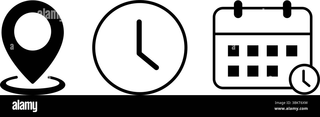 L'heure, la date et l'icône d'adresse sont définies. Calendrier d'événements horloge de rappel d'horaire d'affaires signes, symbole d'épingle d'emplacement, placer pointeur éléments de carte de temps. Illustration de Vecteur
